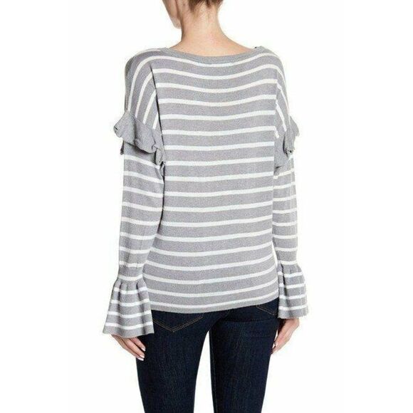 Olivia Sky Sweater Top Women's‎ Large Gray Striped Ruffle Bell Sleeves - Picture 2 of 2